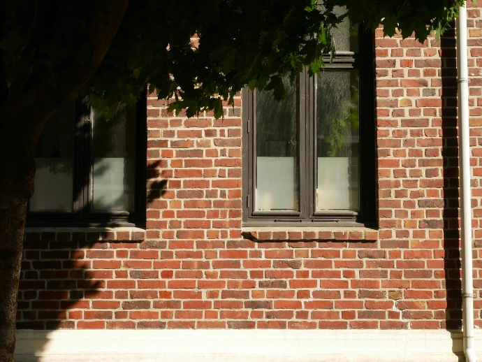 A red fire hydrant in front of a brick building